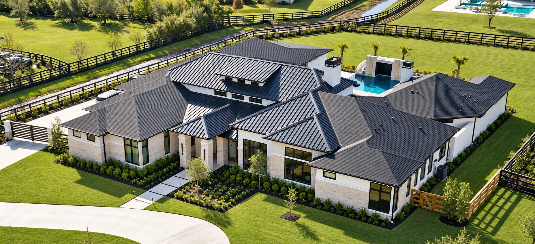 Aerial view of a finished Solomon home with a backyard pool