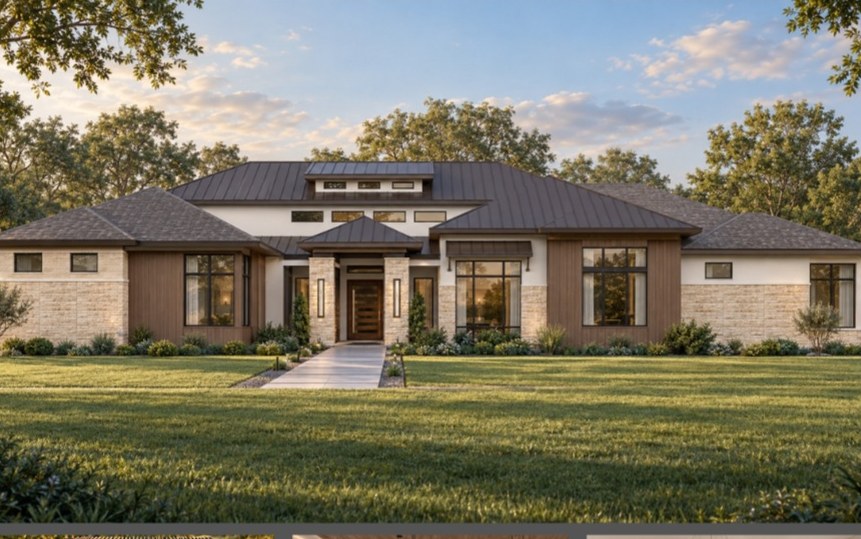 Rendering of the Stallion Lakes model home: a single-story home with stone, stucco and wood siding under a standing-seam roof